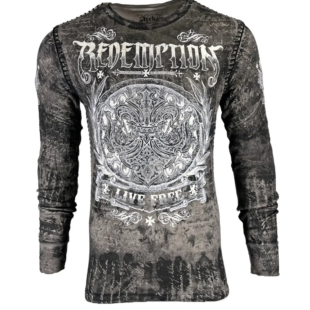 Archaic by Affliction Men's Thermal Shirt SHIELDED Wing Biker Gray - Picture 1 of 9